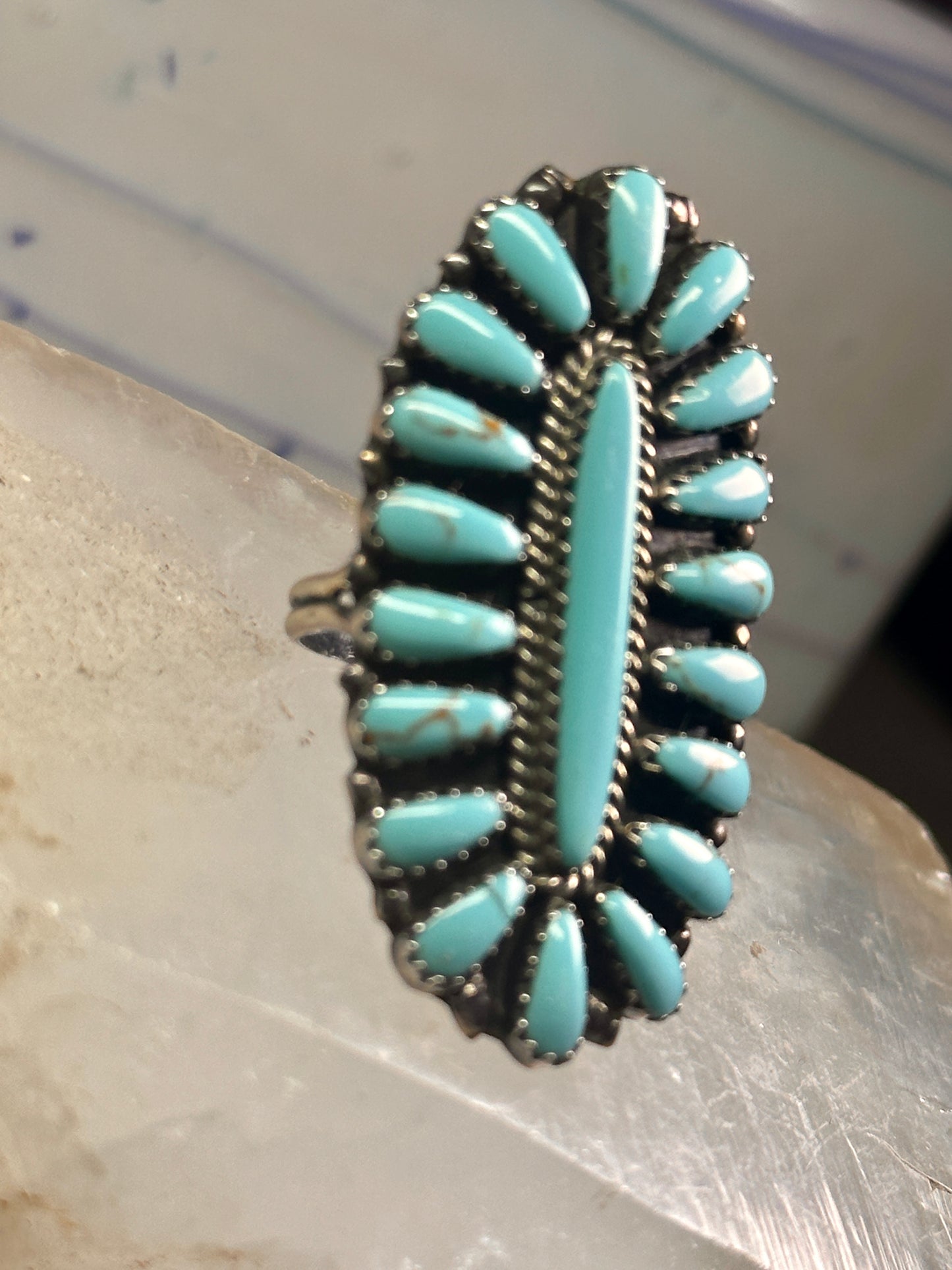 Zuni needlepoint ring turquoise Size 8.25  long full finger sterling silver vintage 1940's women