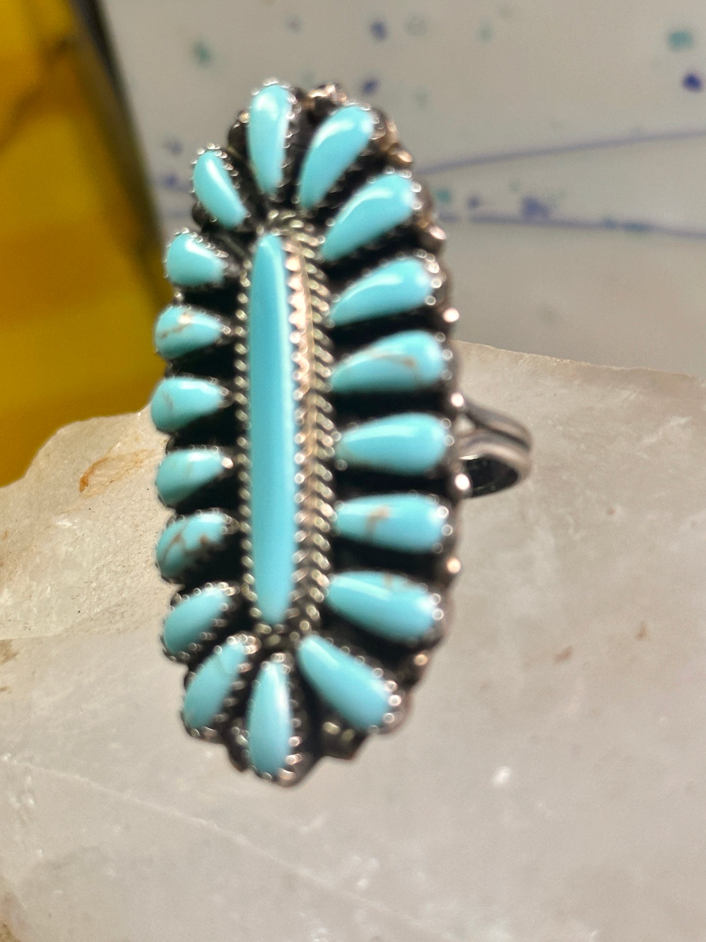 Zuni needlepoint ring turquoise Size 8.25  long full finger sterling silver vintage 1940's women