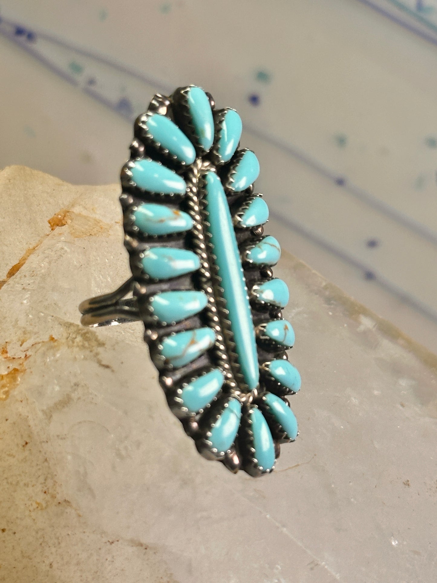 Zuni needlepoint ring turquoise Size 8.25  long full finger sterling silver vintage 1940's women