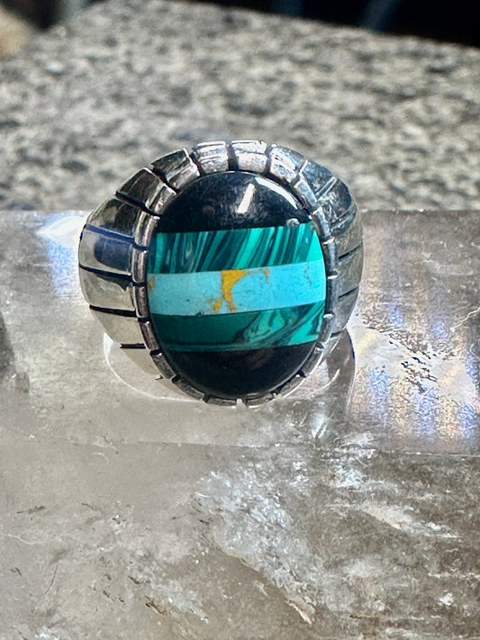 Southwest ring malachite turquoise onyx ring size 10 Sterling silver women men