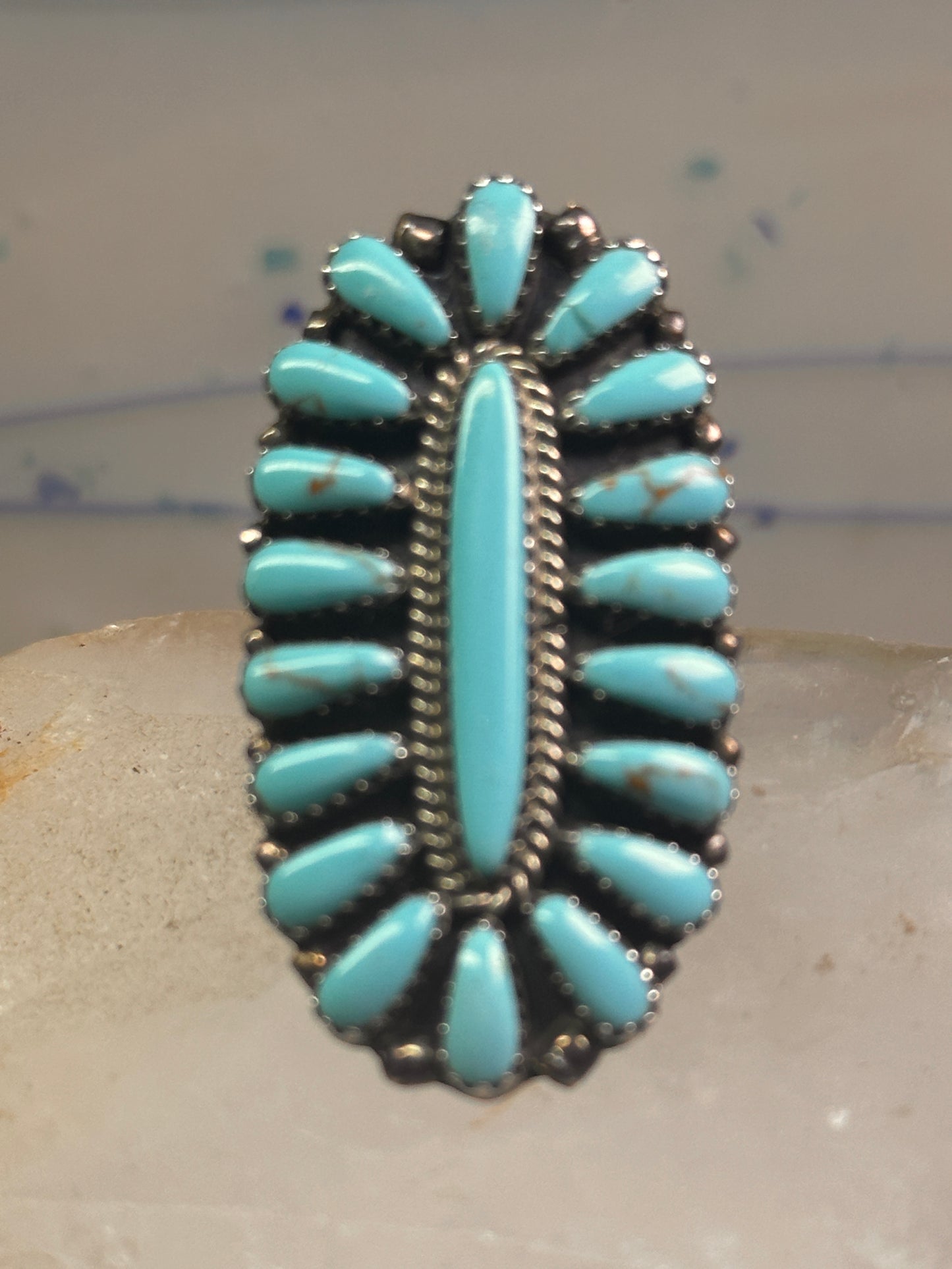 Zuni needlepoint ring turquoise Size 8.25  long full finger sterling silver vintage 1940's women