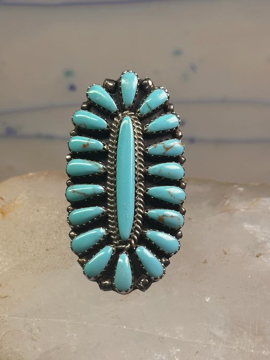 Zuni needlepoint ring turquoise Size 8.25  long full finger sterling silver vintage 1940's women