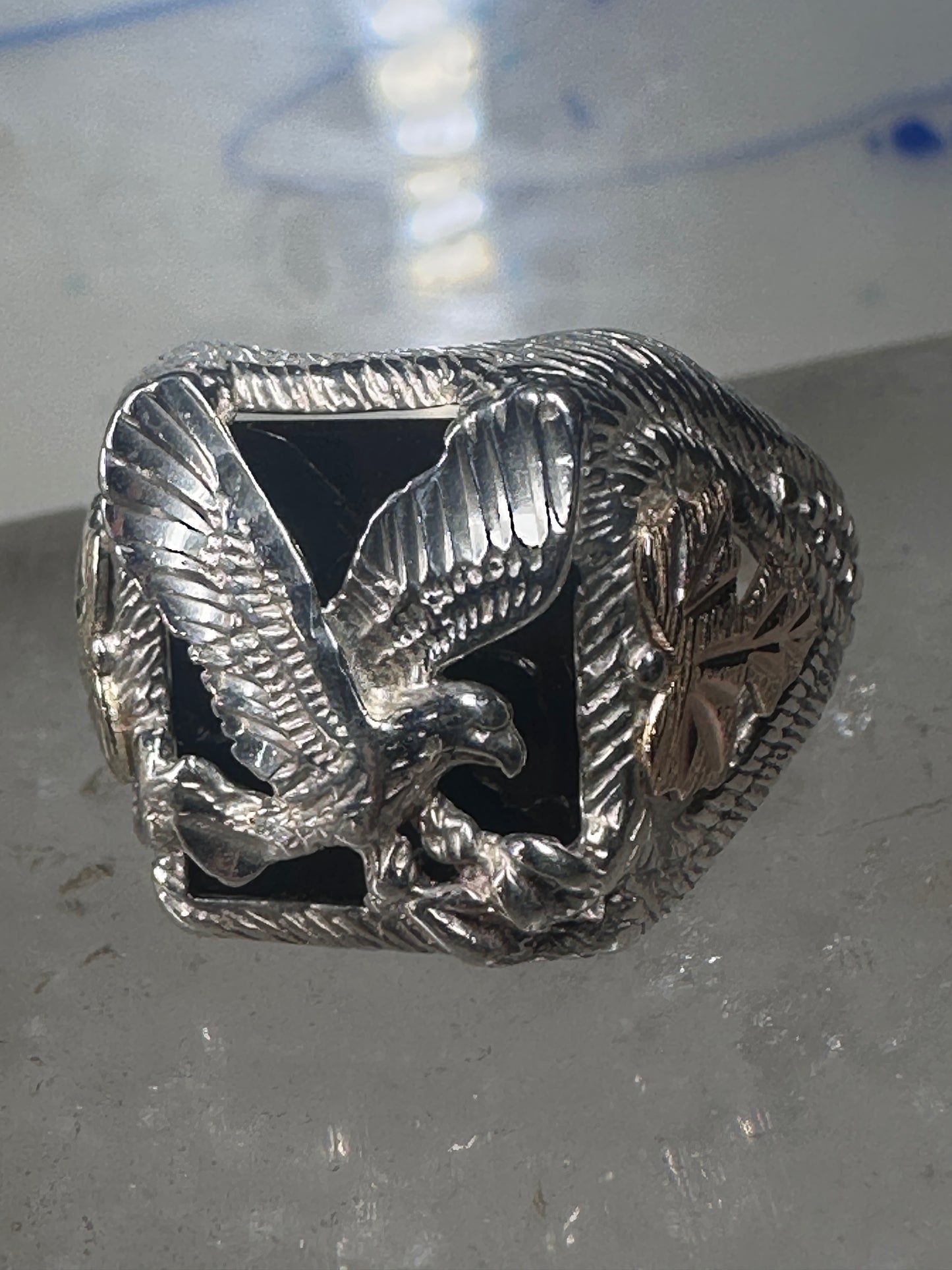 Eagle ring Black Hills Gold Onyx band size 11 sterling silver women men