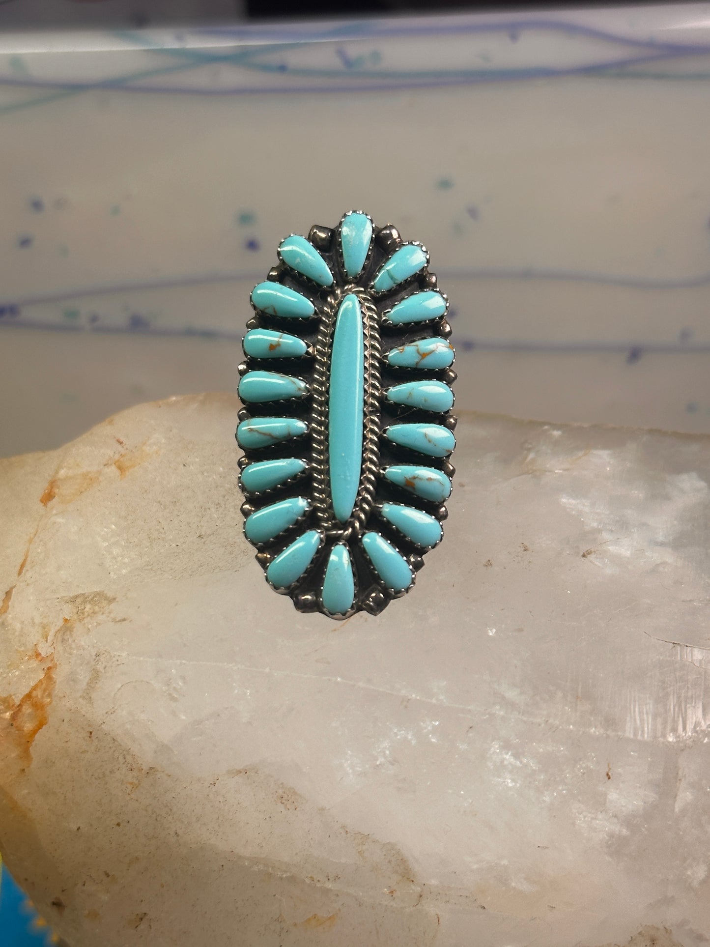 Zuni needlepoint ring turquoise Size 8.25  long full finger sterling silver vintage 1940's women