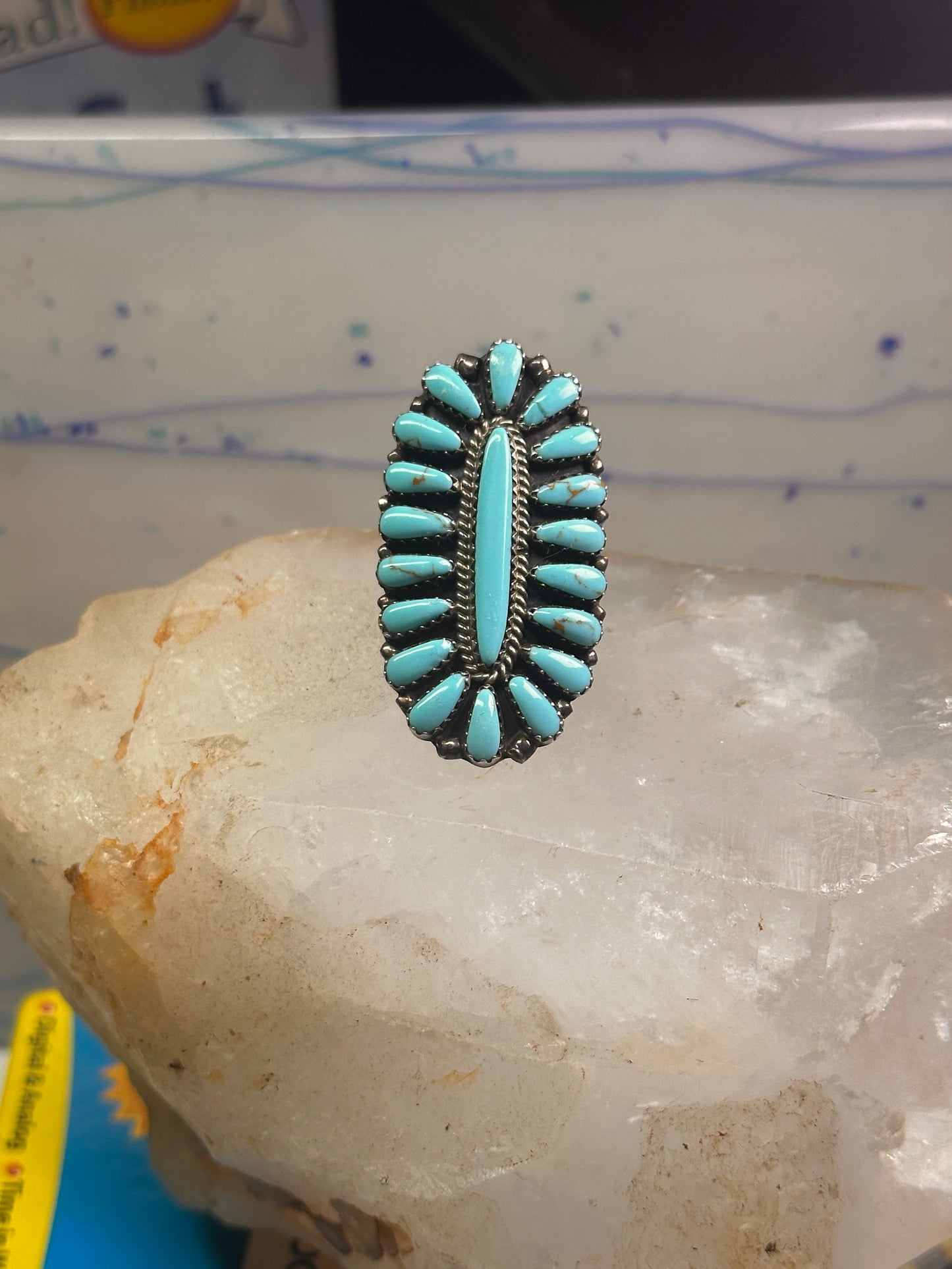 Zuni needlepoint ring turquoise Size 8.25  long full finger sterling silver vintage 1940's women