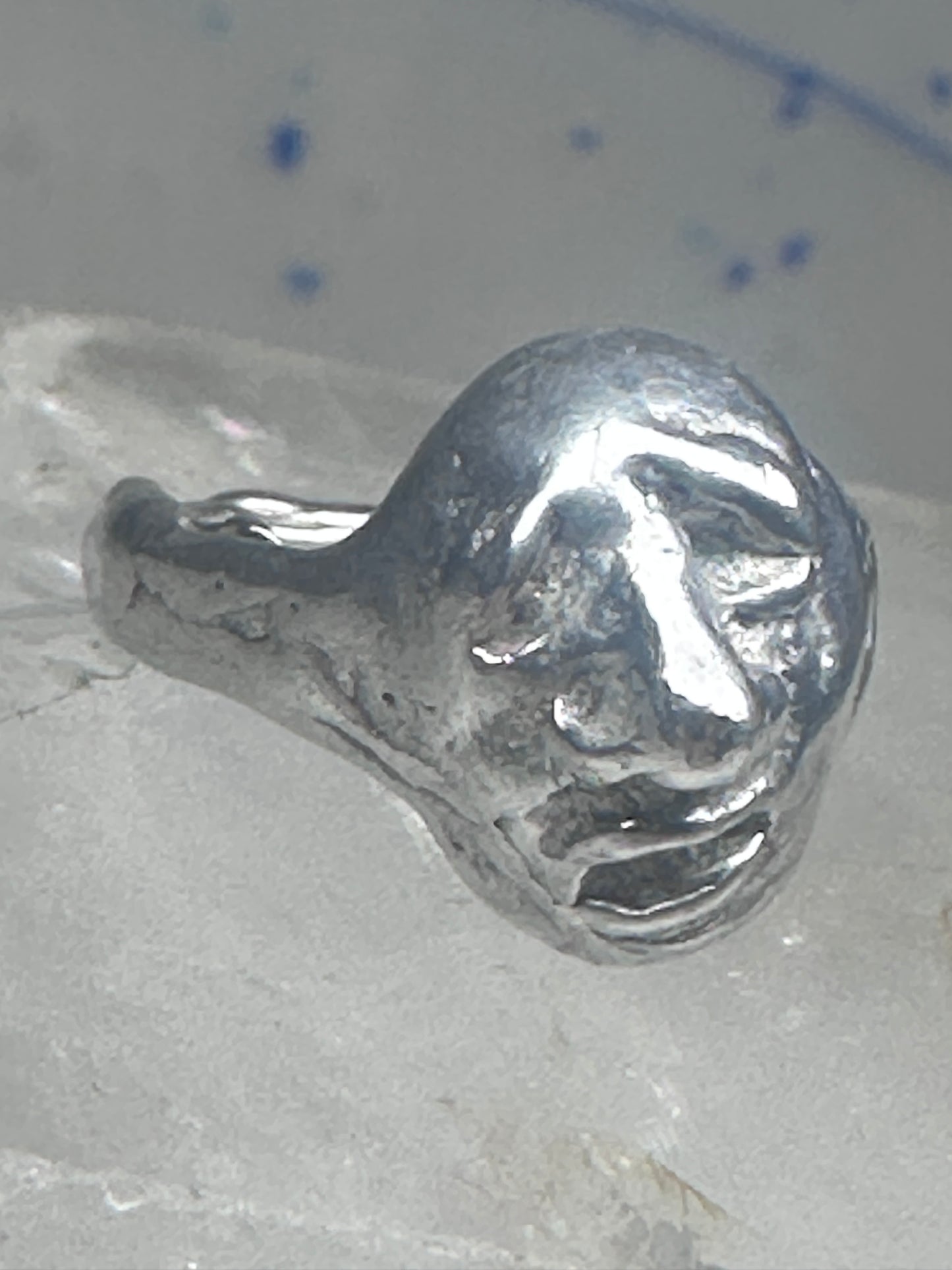 Face ring brutalist figurative pinky band size 4 sterling silver women