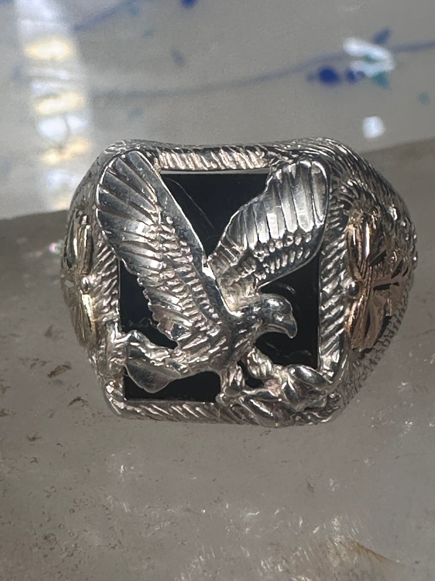 Eagle ring Black Hills Gold Onyx band size 11 sterling silver women men