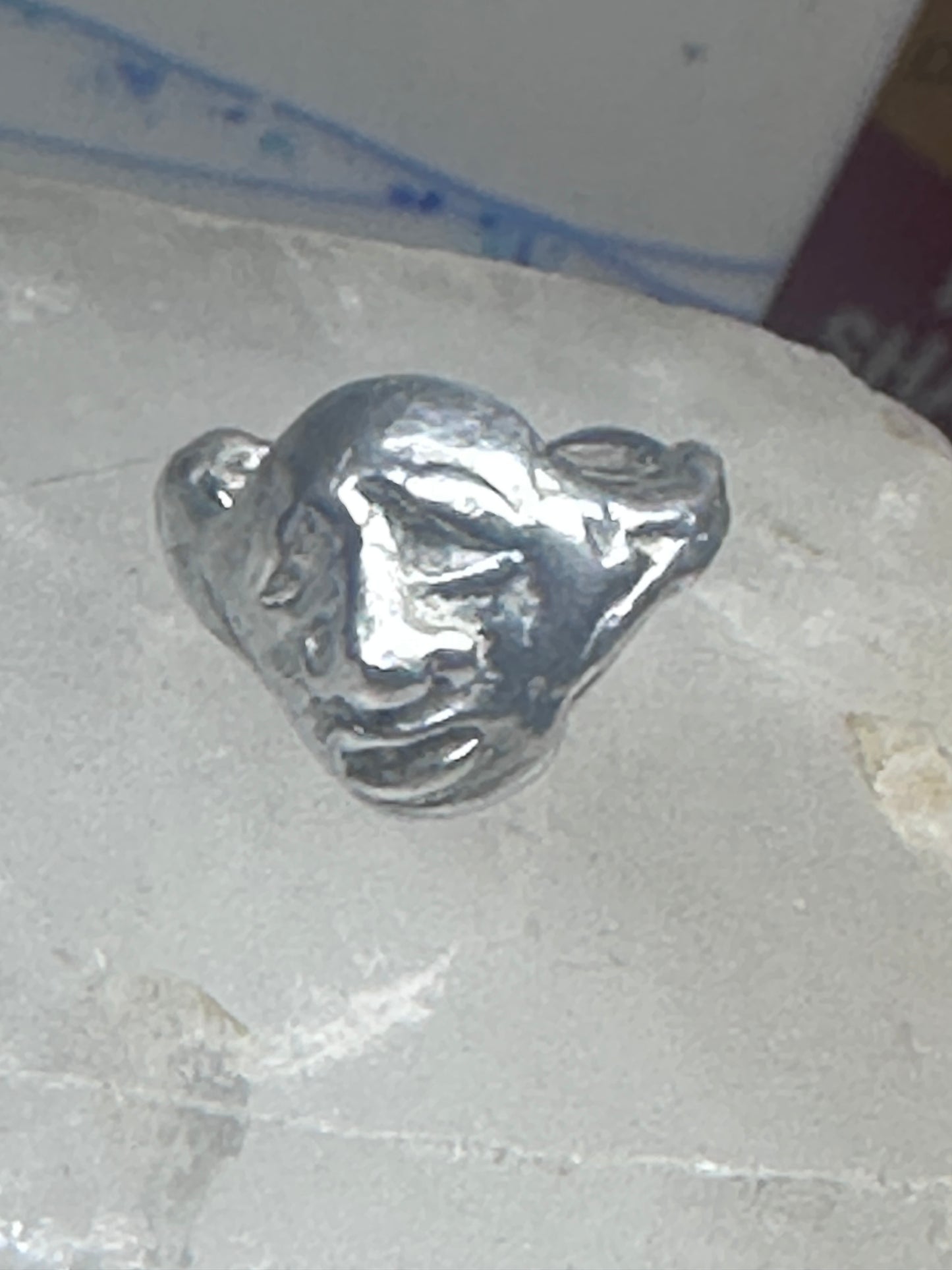 Face ring brutalist figurative pinky band size 4 sterling silver women