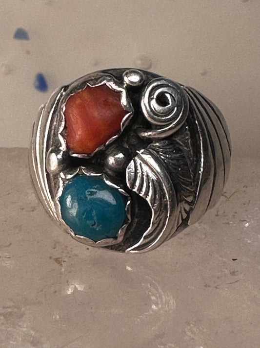 Navajo ring turquoise coral band size 8.75 sterling silver women men
