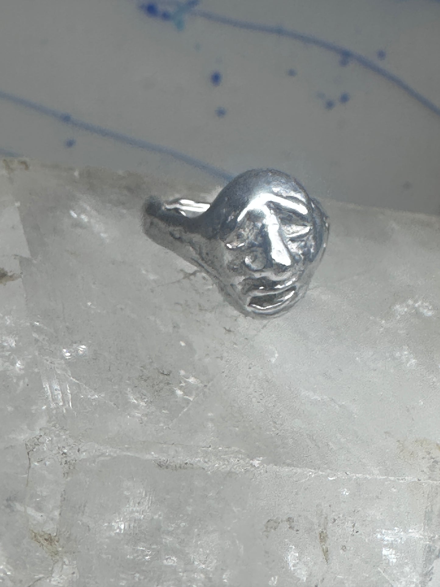 Face ring brutalist figurative pinky band size 4 sterling silver women