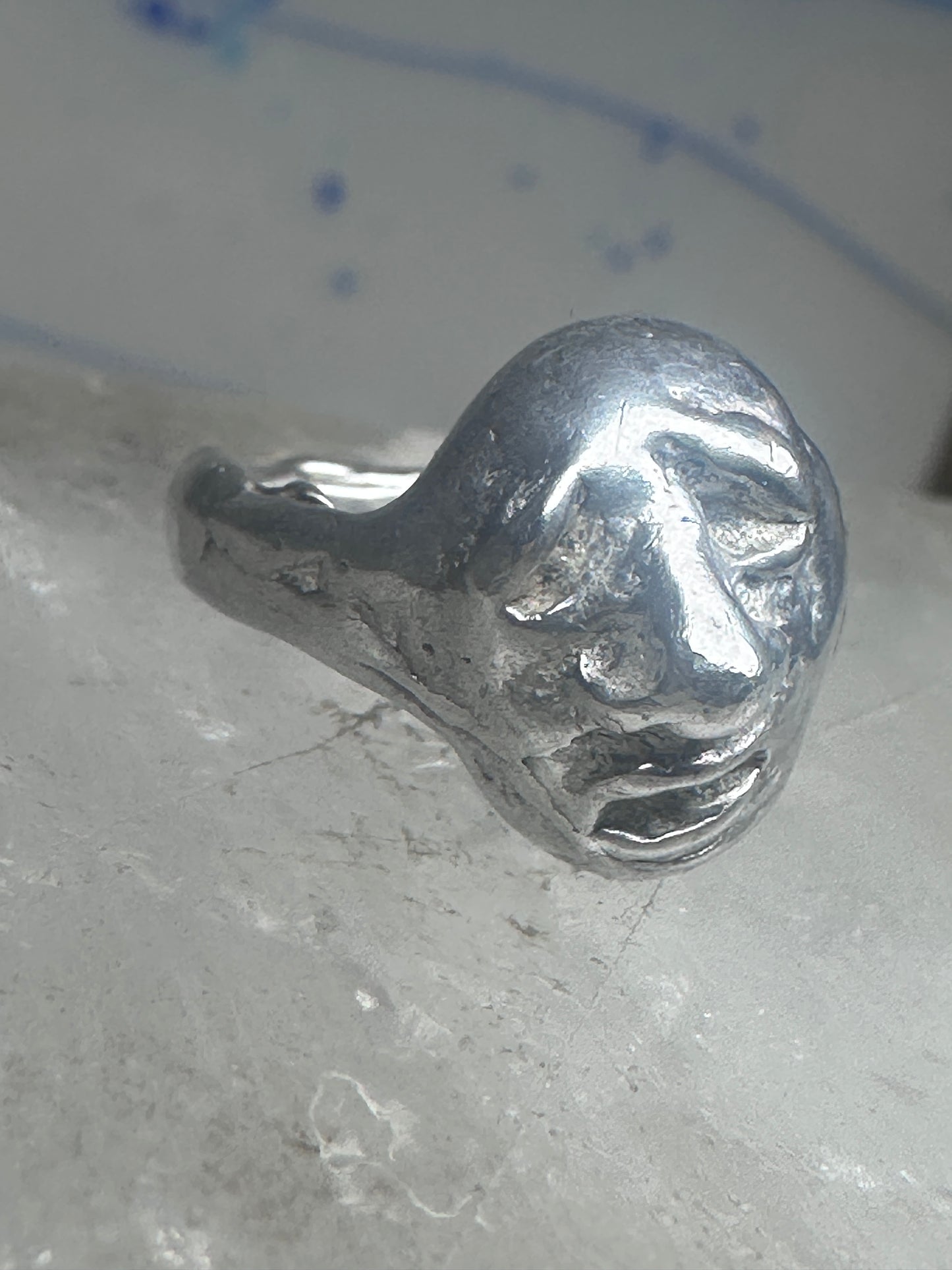 Face ring brutalist figurative pinky band size 4 sterling silver women