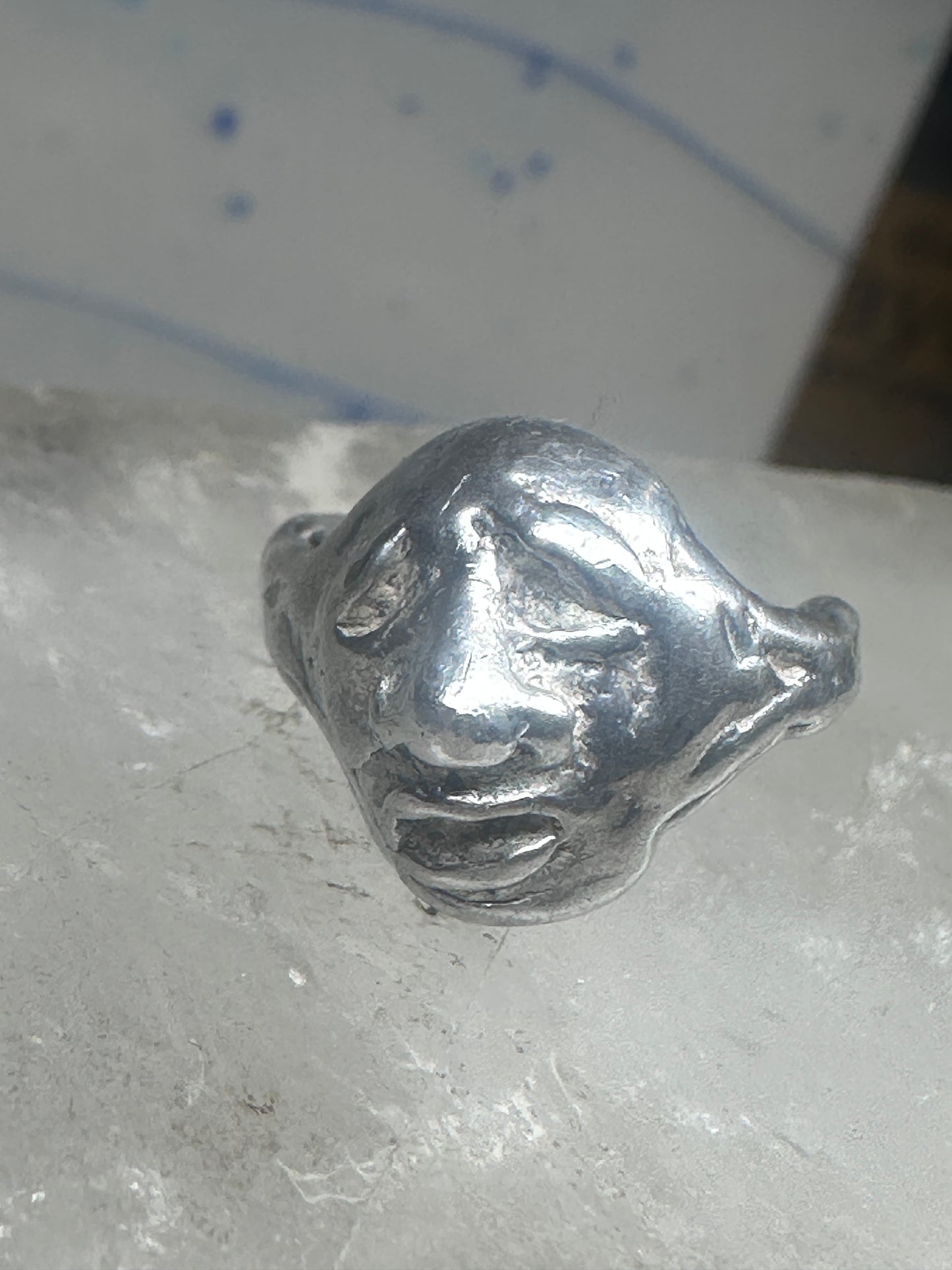 Face ring brutalist figurative pinky band size 4 sterling silver women