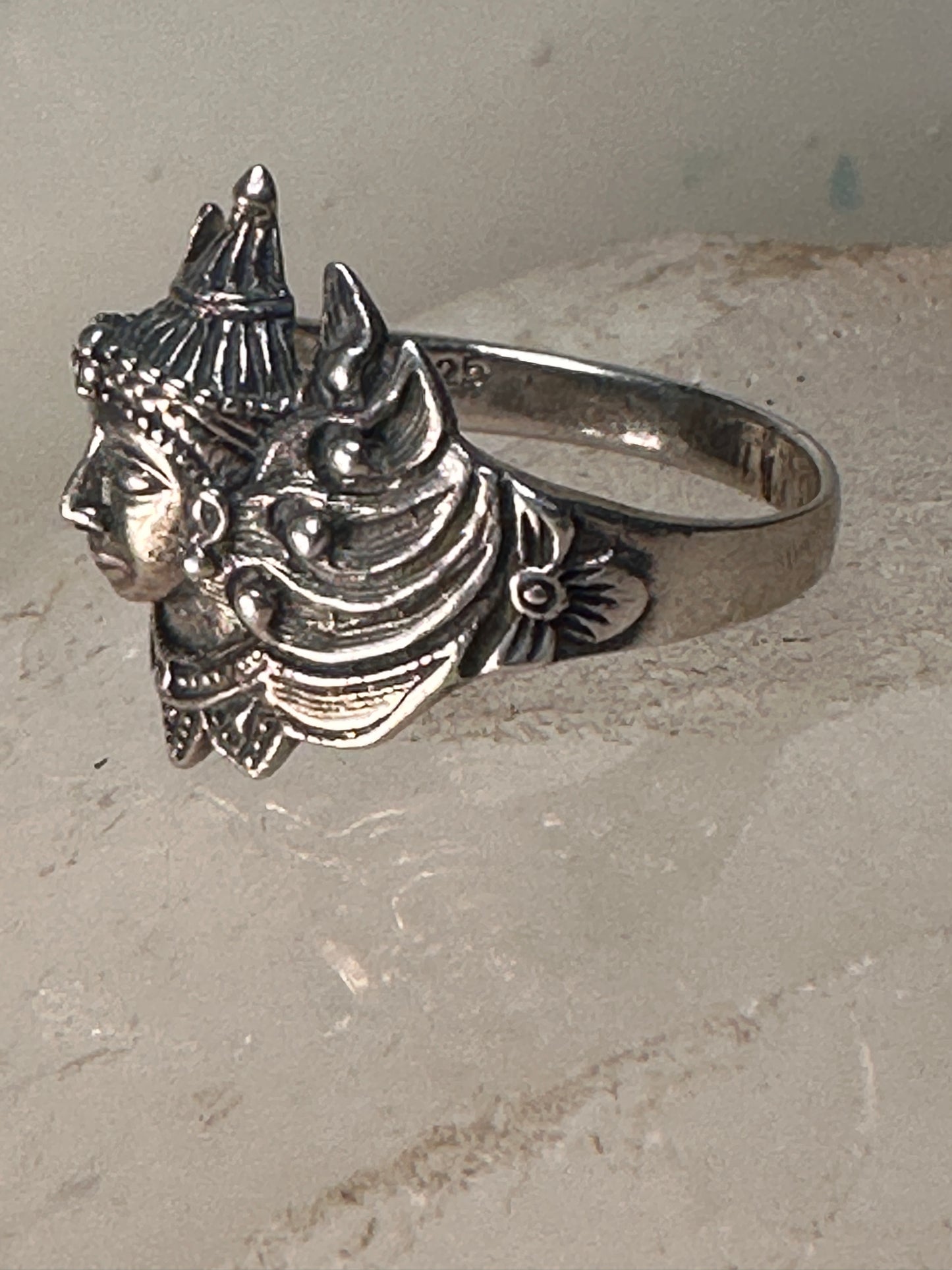 Winged Goddess ring face deity band  size 7.75 sterling silver women