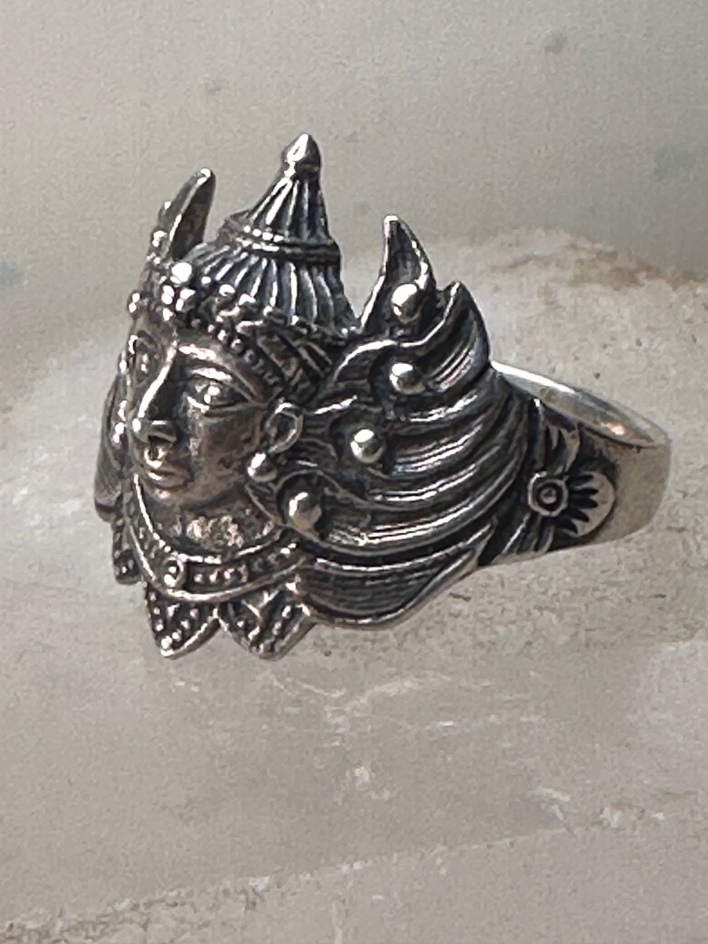Winged Goddess ring face deity band  size 7.75 sterling silver women