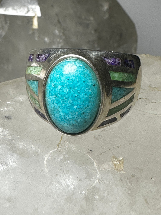 Turquoise chips ring signed CCO Coleman Size 9.75 Sterling Silver