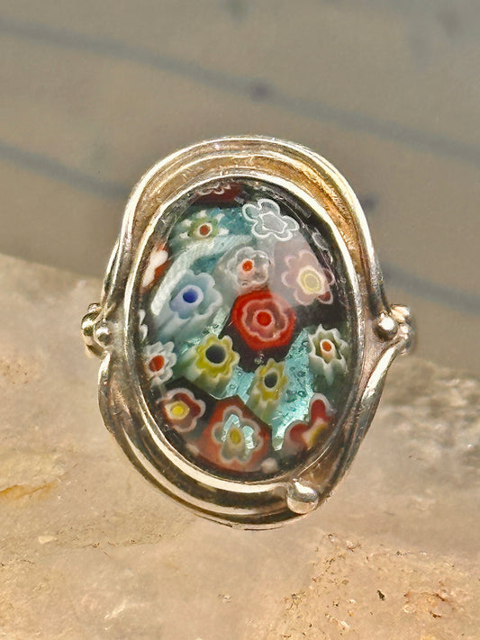 Millefiori ring Caithness glass ring vintage 1980 size 8.245 sterling silver women