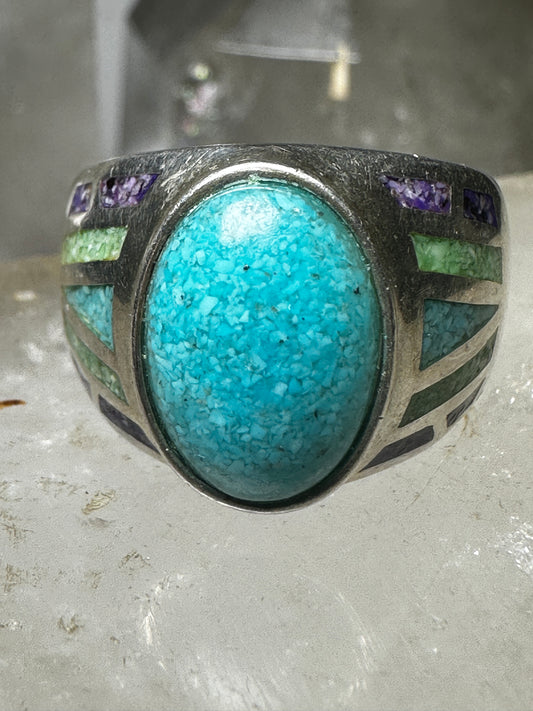 Turquoise chips ring signed CCO Coleman Size 9.75 Sterling Silver