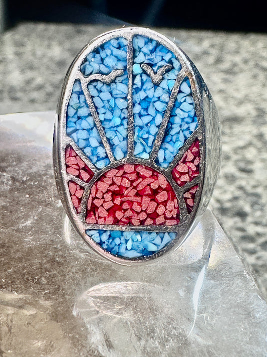 Sunrise ring sunset band seagulls turquoise coral southwest size 9.75 Sterling silver women men