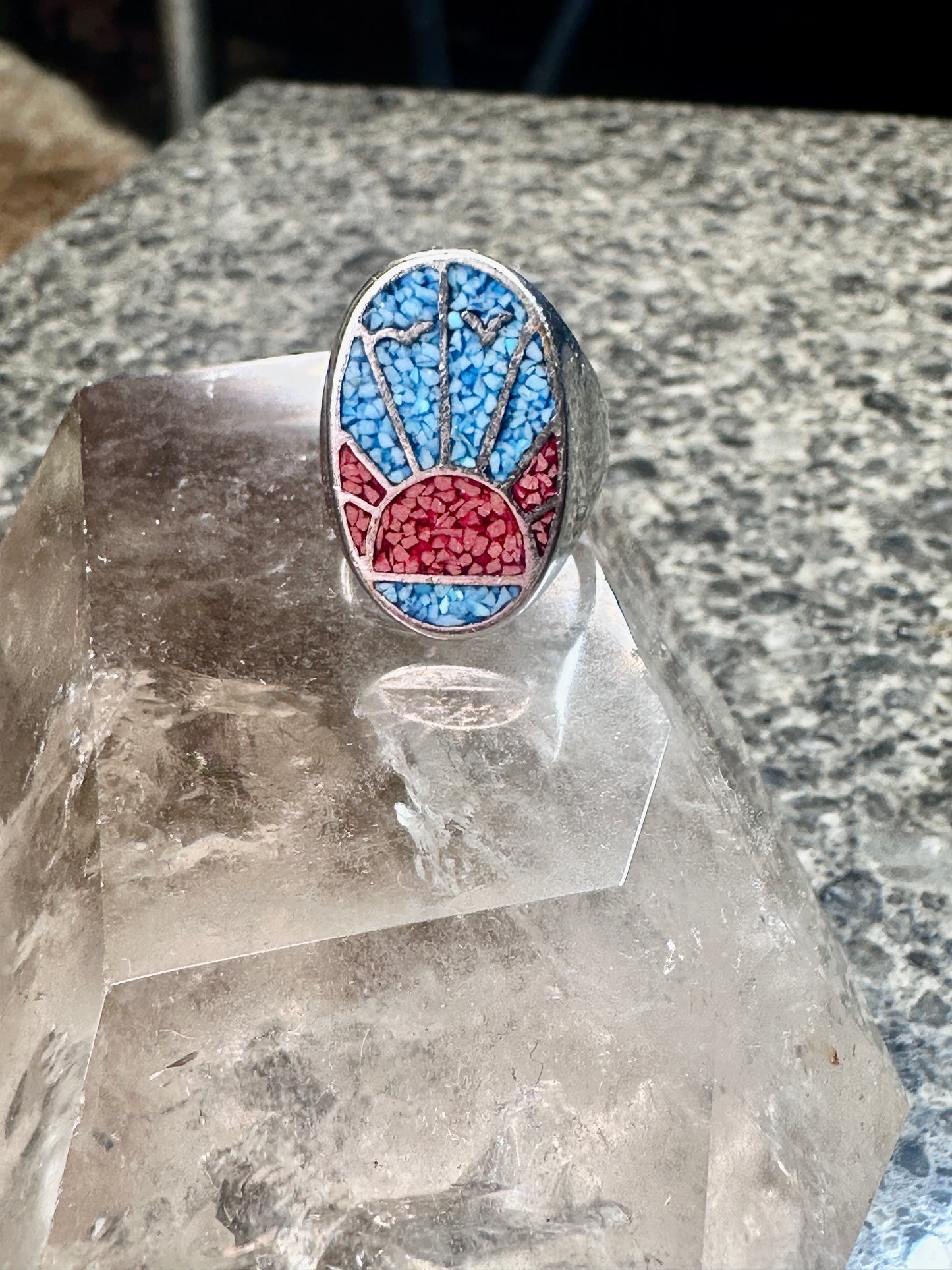 Sunrise ring sunset band seagulls turquoise coral southwest size 9.75 Sterling silver women men