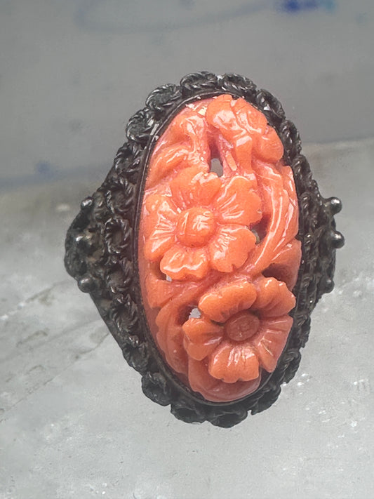 Vintage Carved Salmon Coral Floral Ring Sterling Silver - Size 4