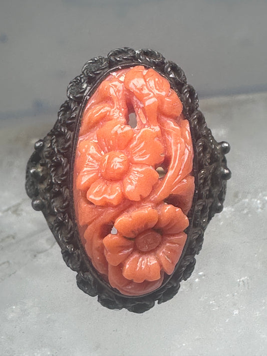 Vintage Carved Salmon Coral Floral Ring Sterling Silver - Size 4