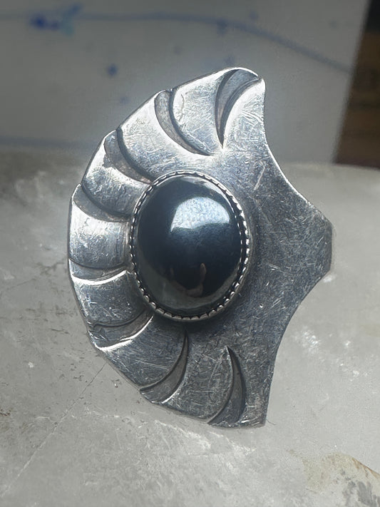 Vintage hematite floral flower band ring size 5 sterling silver women