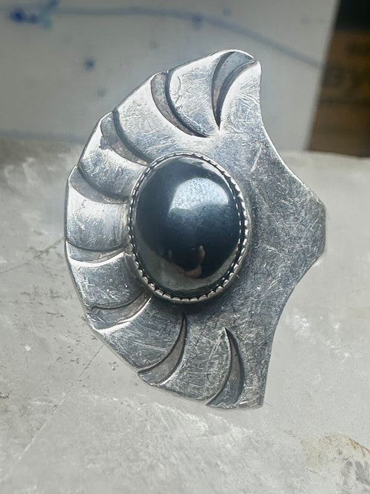Vintage hematite floral flower band ring size 5 sterling silver women