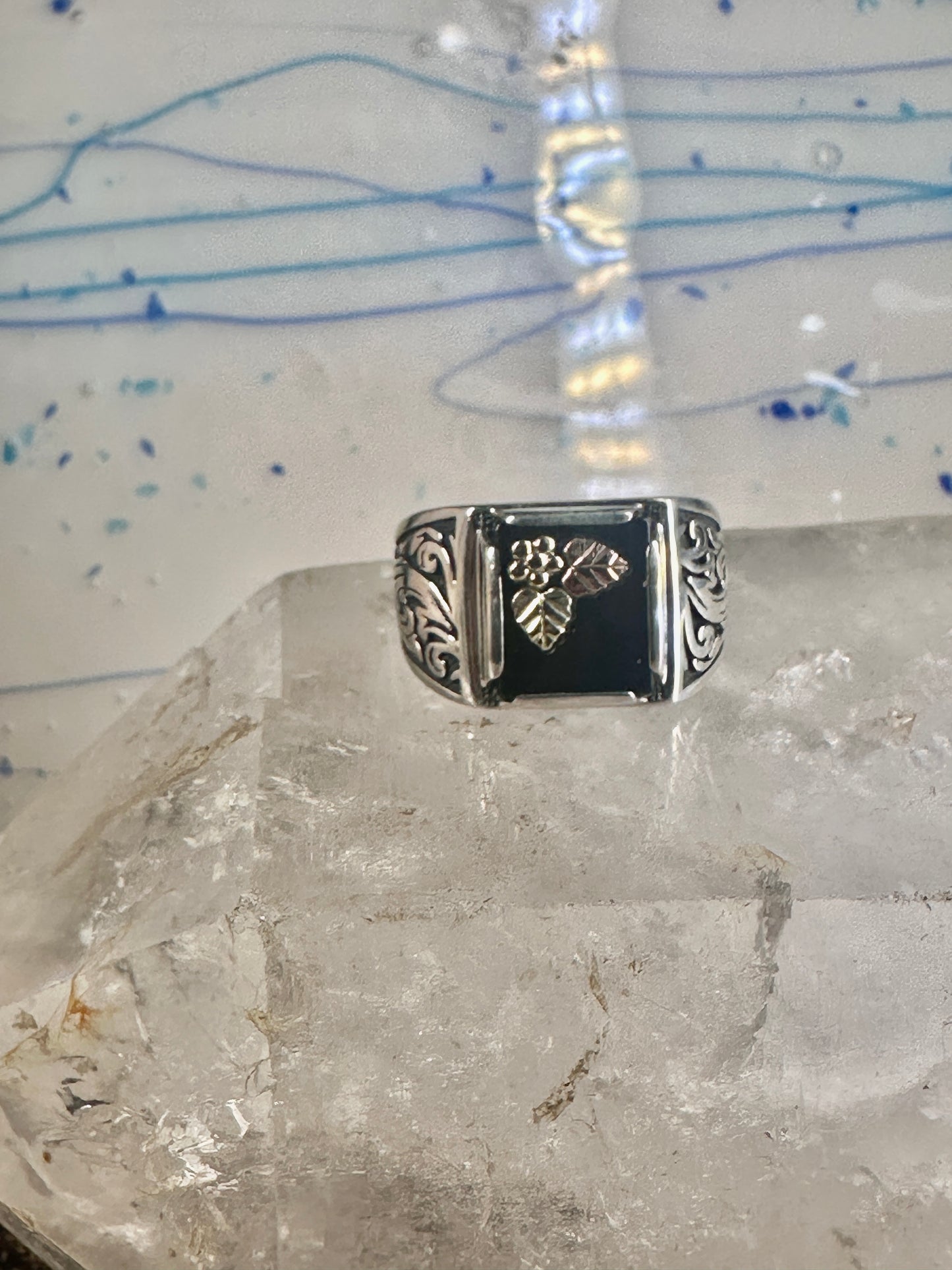 Black Hills Gold ring Leaves Onyx band size 11 sterling silver men