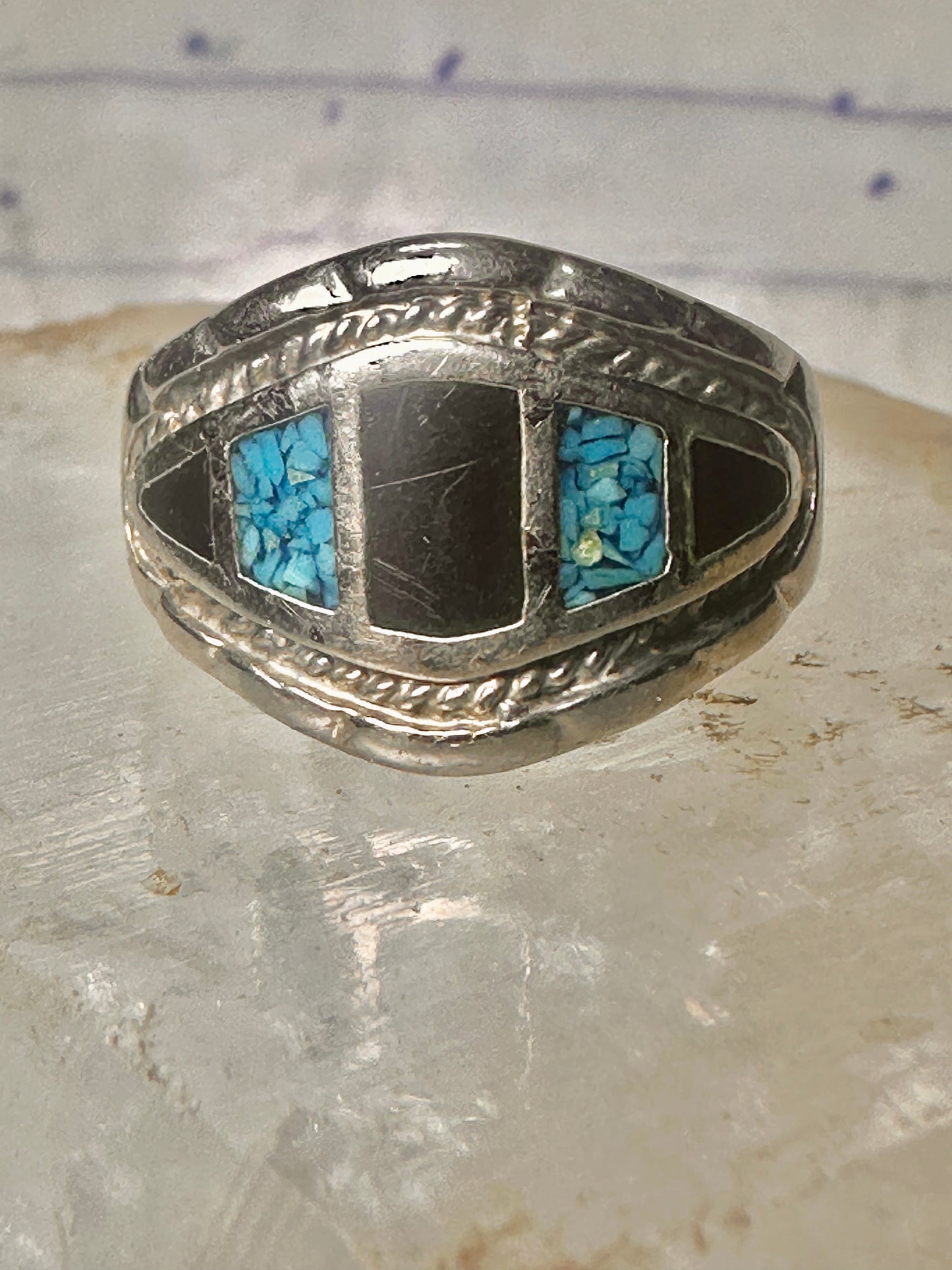 Turquoise chip ring onyx band size 10 sterling silver women men