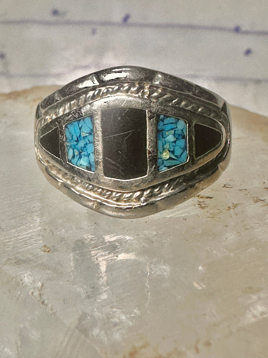 Turquoise chip ring onyx band size 10 sterling silver women men