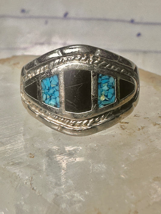 Turquoise chip ring onyx band size 10 sterling silver women men