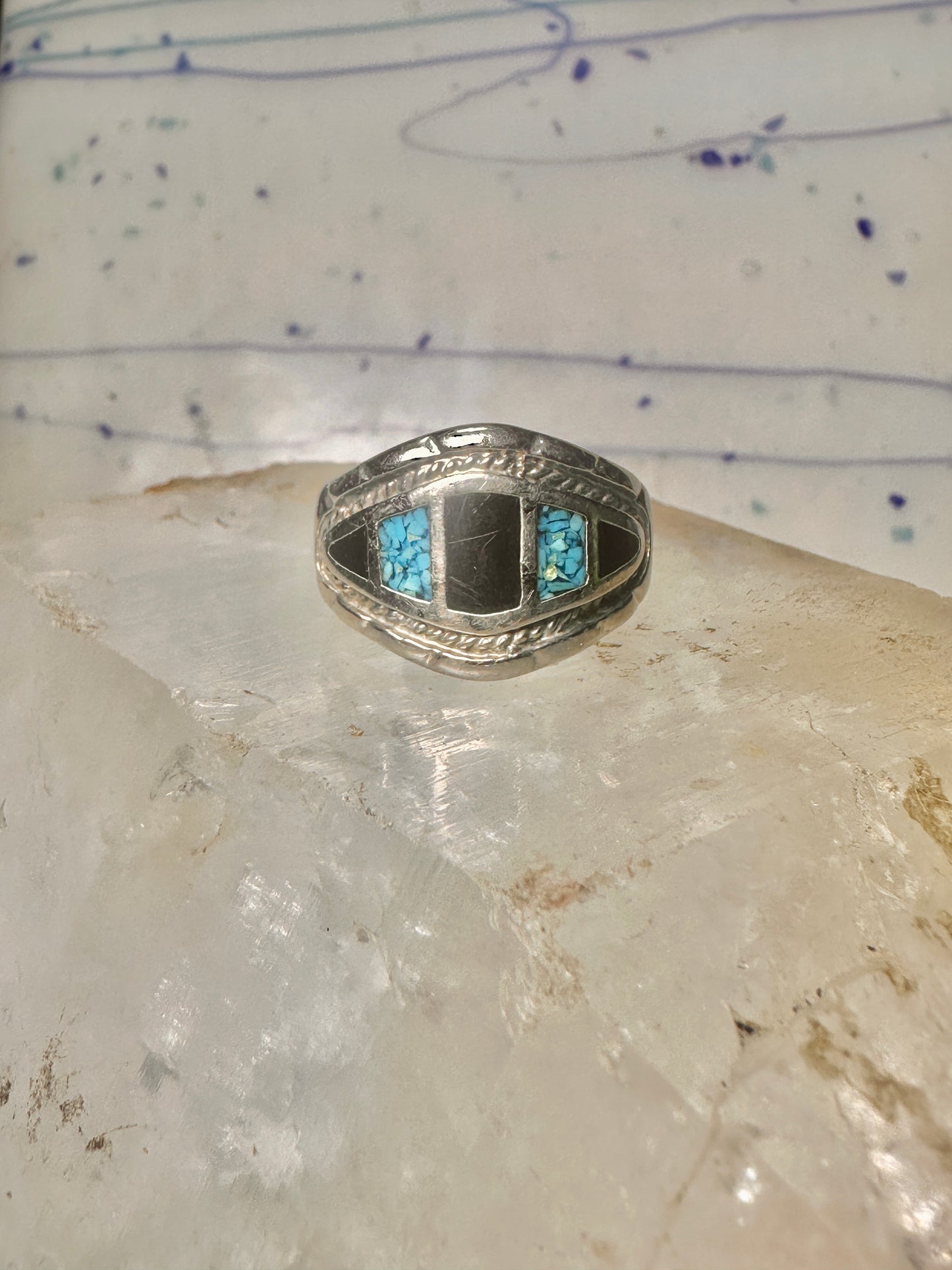 Turquoise chip ring onyx band size 10 sterling silver women men