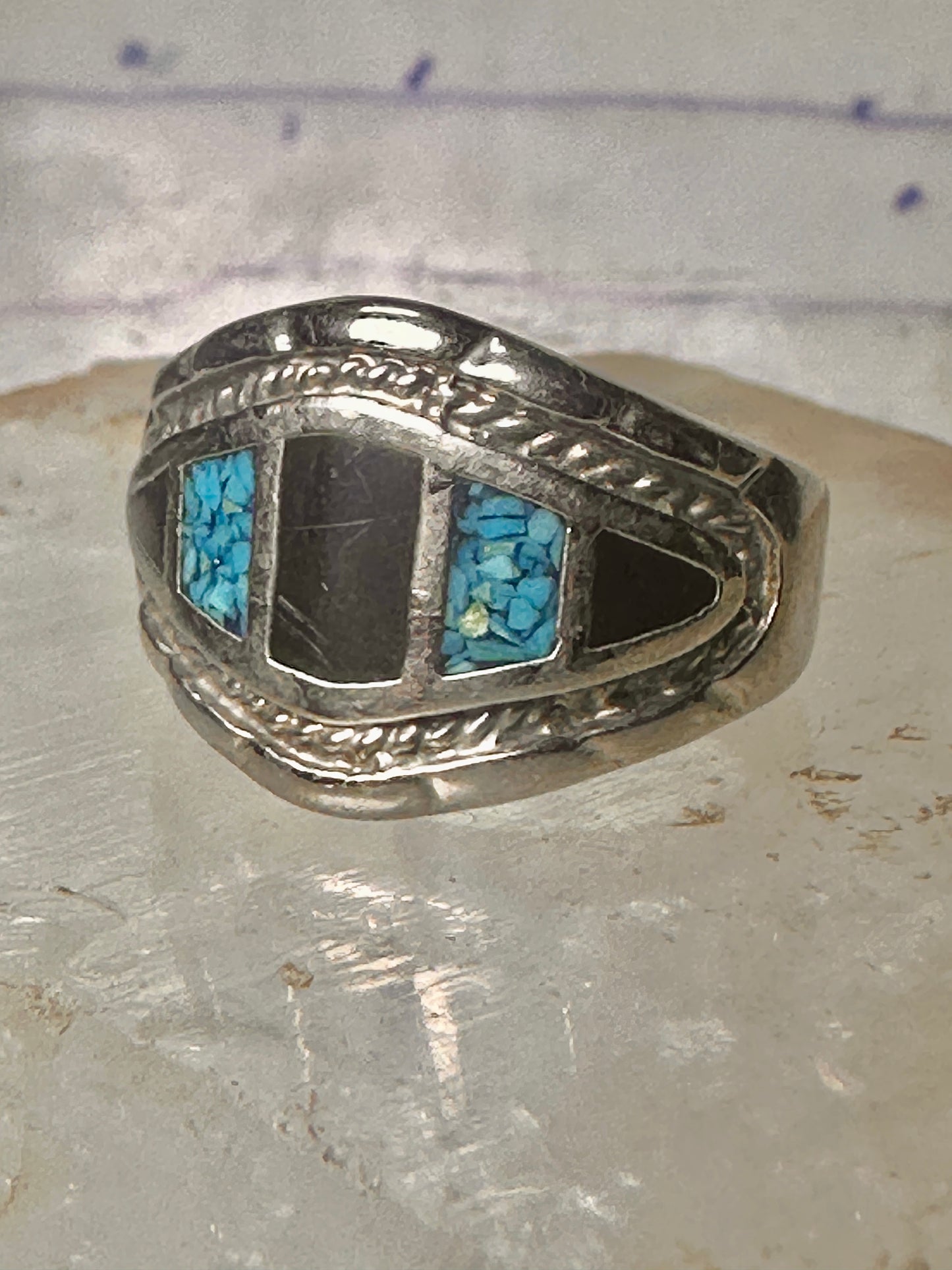 Turquoise chip ring onyx band size 10 sterling silver women men