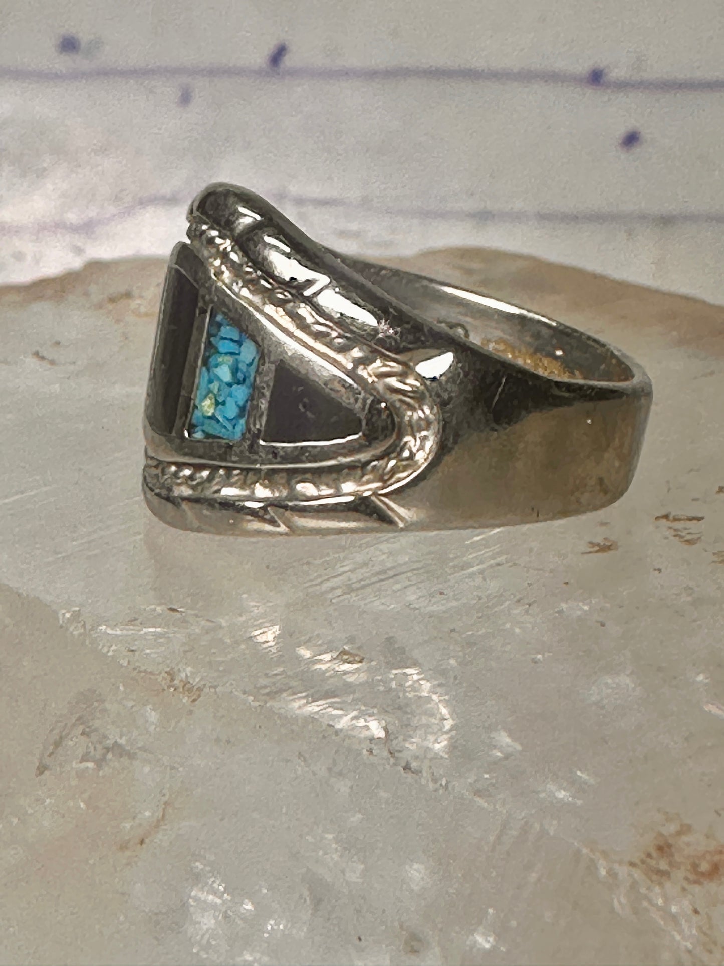 Turquoise chip ring onyx band size 10 sterling silver women men