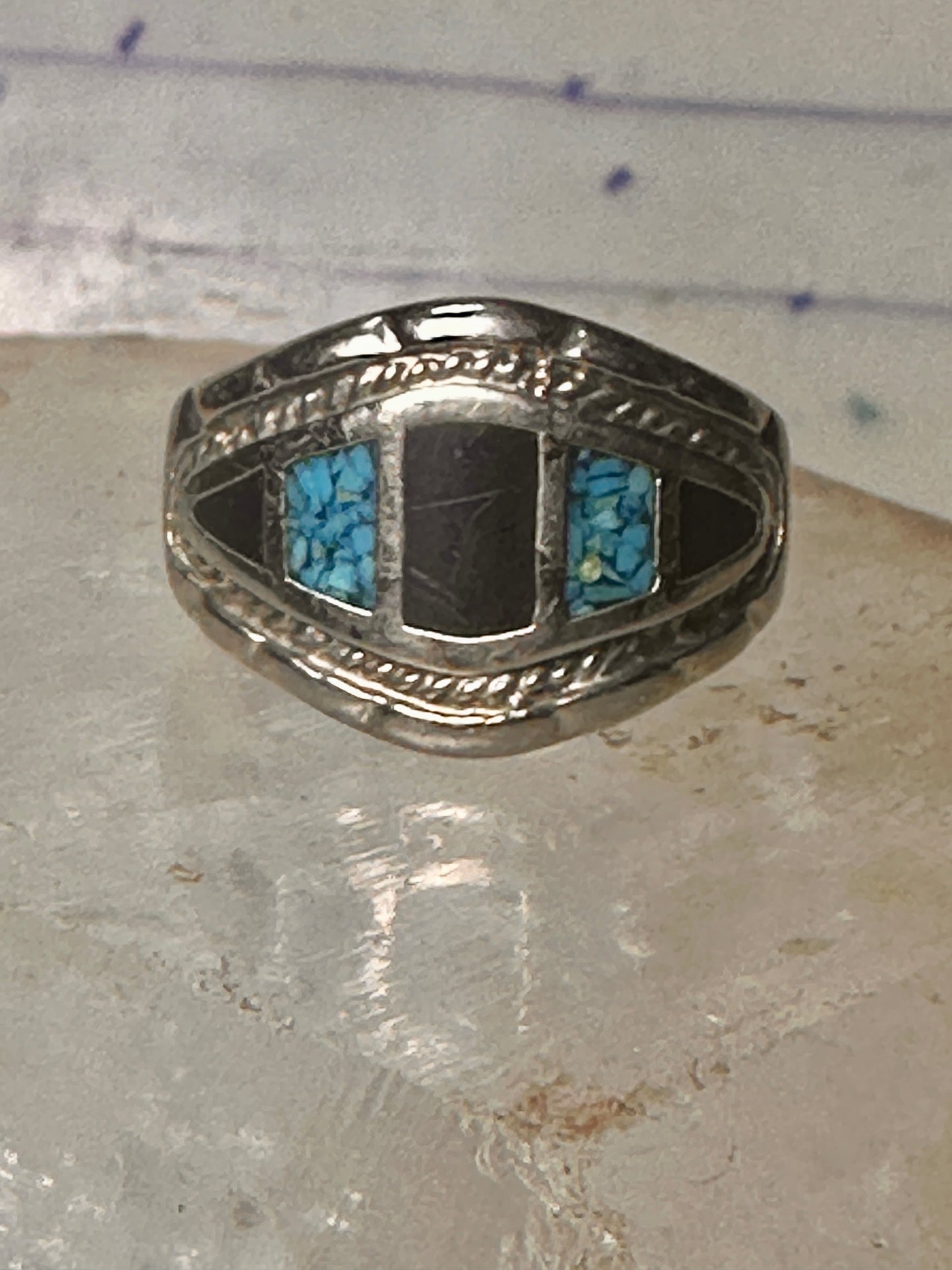 Turquoise chip ring onyx band size 10 sterling silver women men