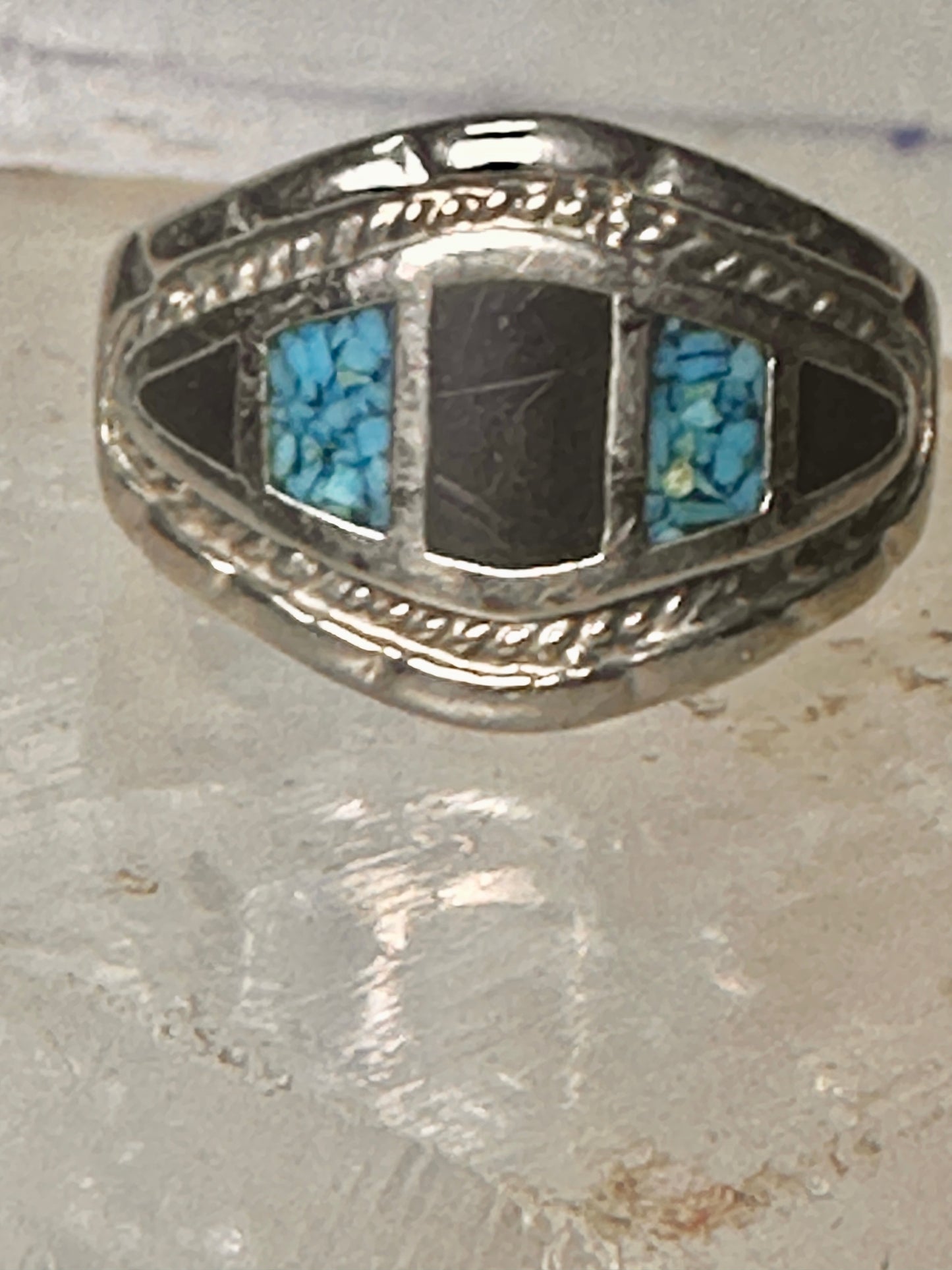 Turquoise chip ring onyx band size 10 sterling silver women men