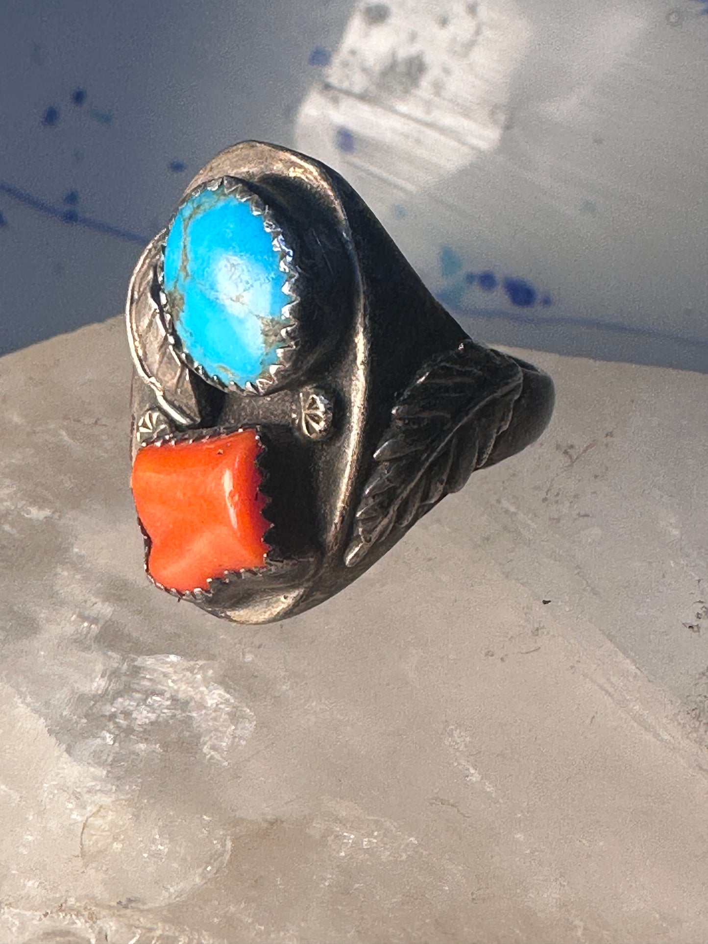 Navajo ring turquoise leaf coral band size 10 sterling silver women men