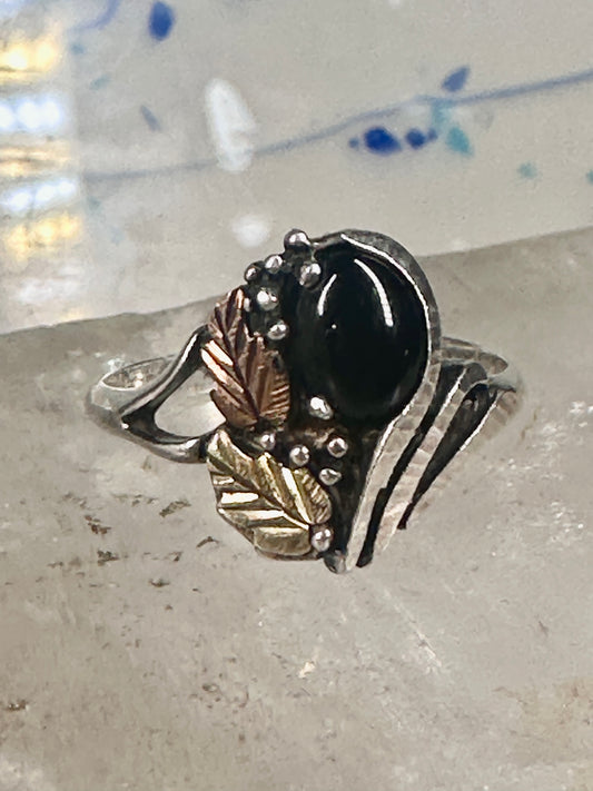 Black Hills Gold leaves ring onyx band size 11 sterling silver women