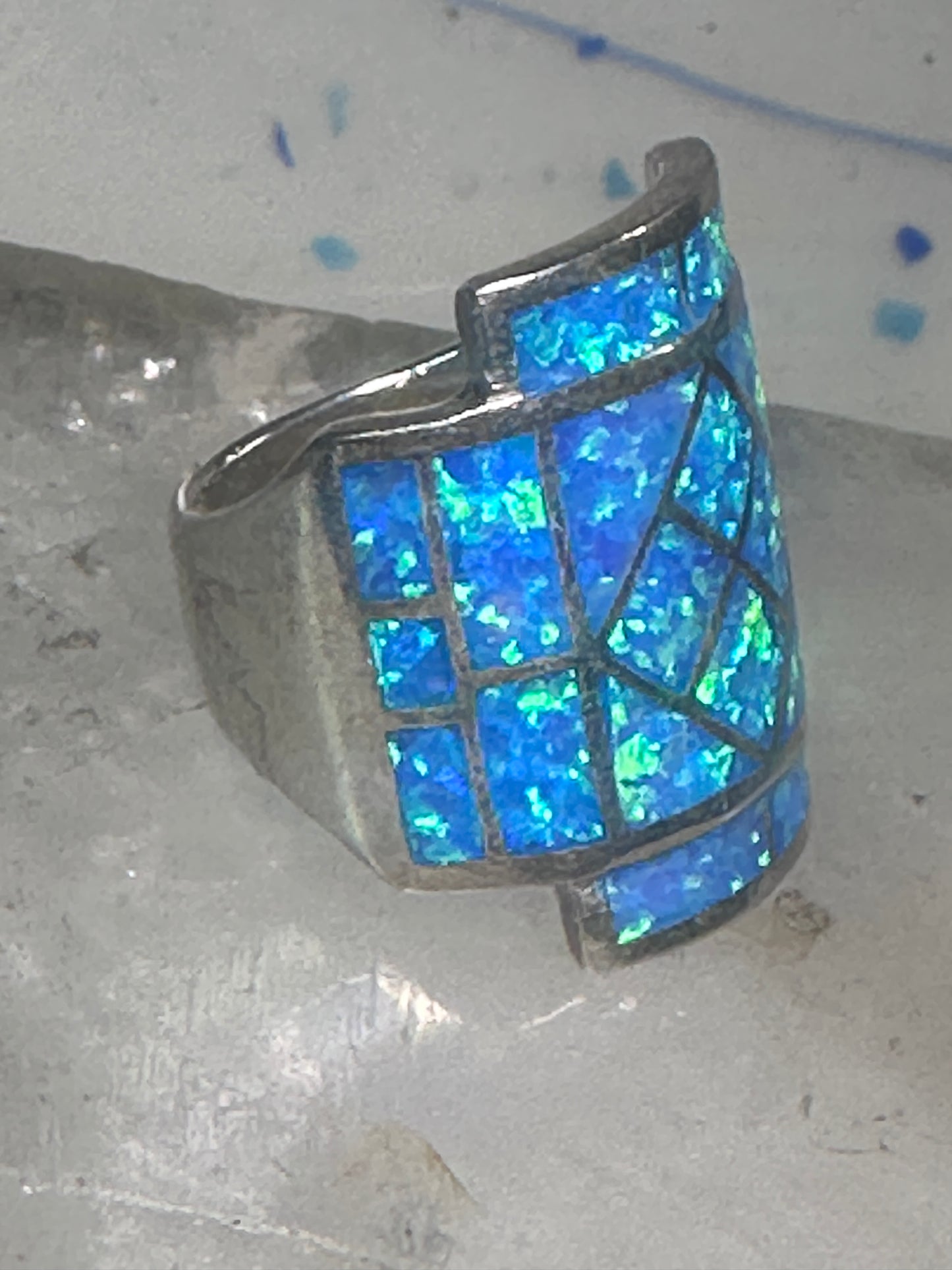 Lab opal ring cigar band size 7 geometric Sterling silver women