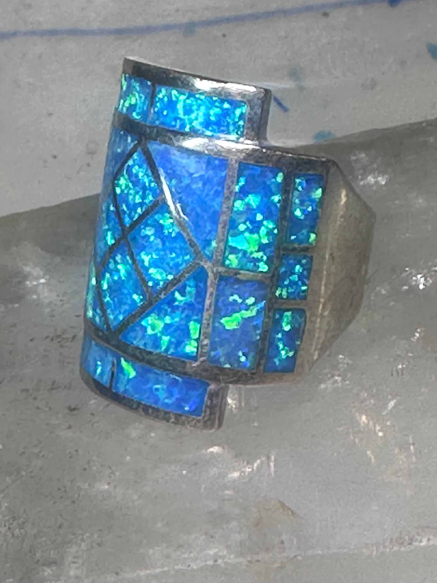Lab opal ring cigar band size 7 geometric Sterling silver women
