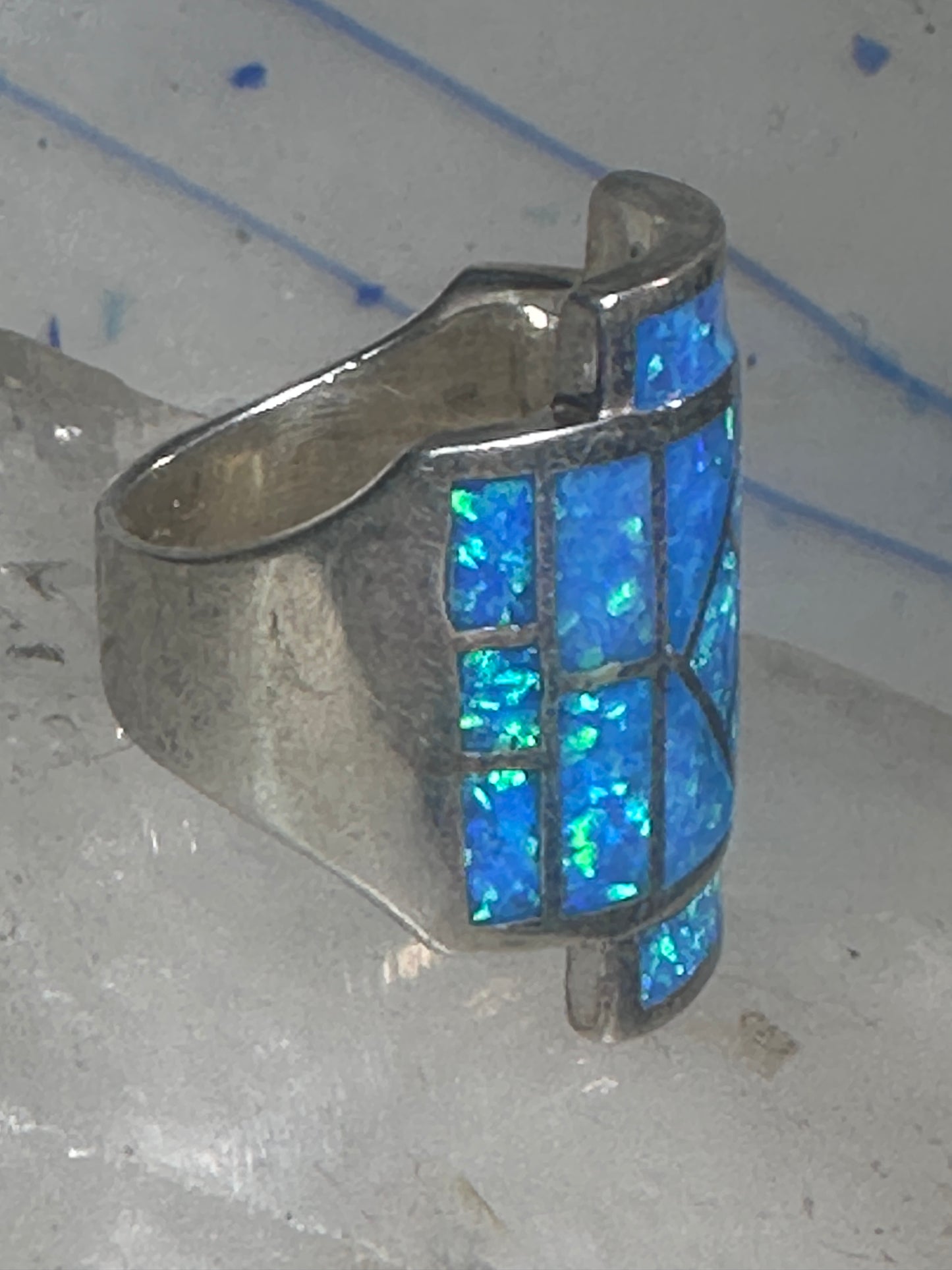 Lab opal ring cigar band size 7 geometric Sterling silver women