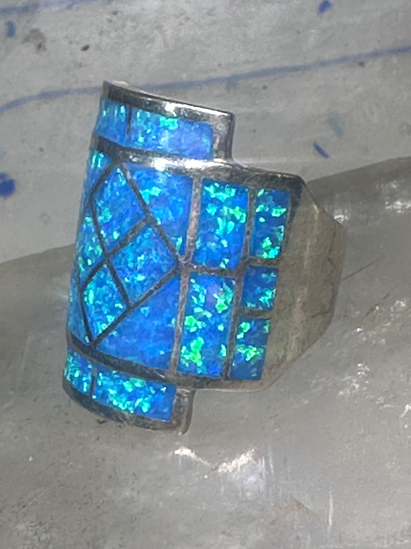 Lab opal ring cigar band size 7 geometric Sterling silver women