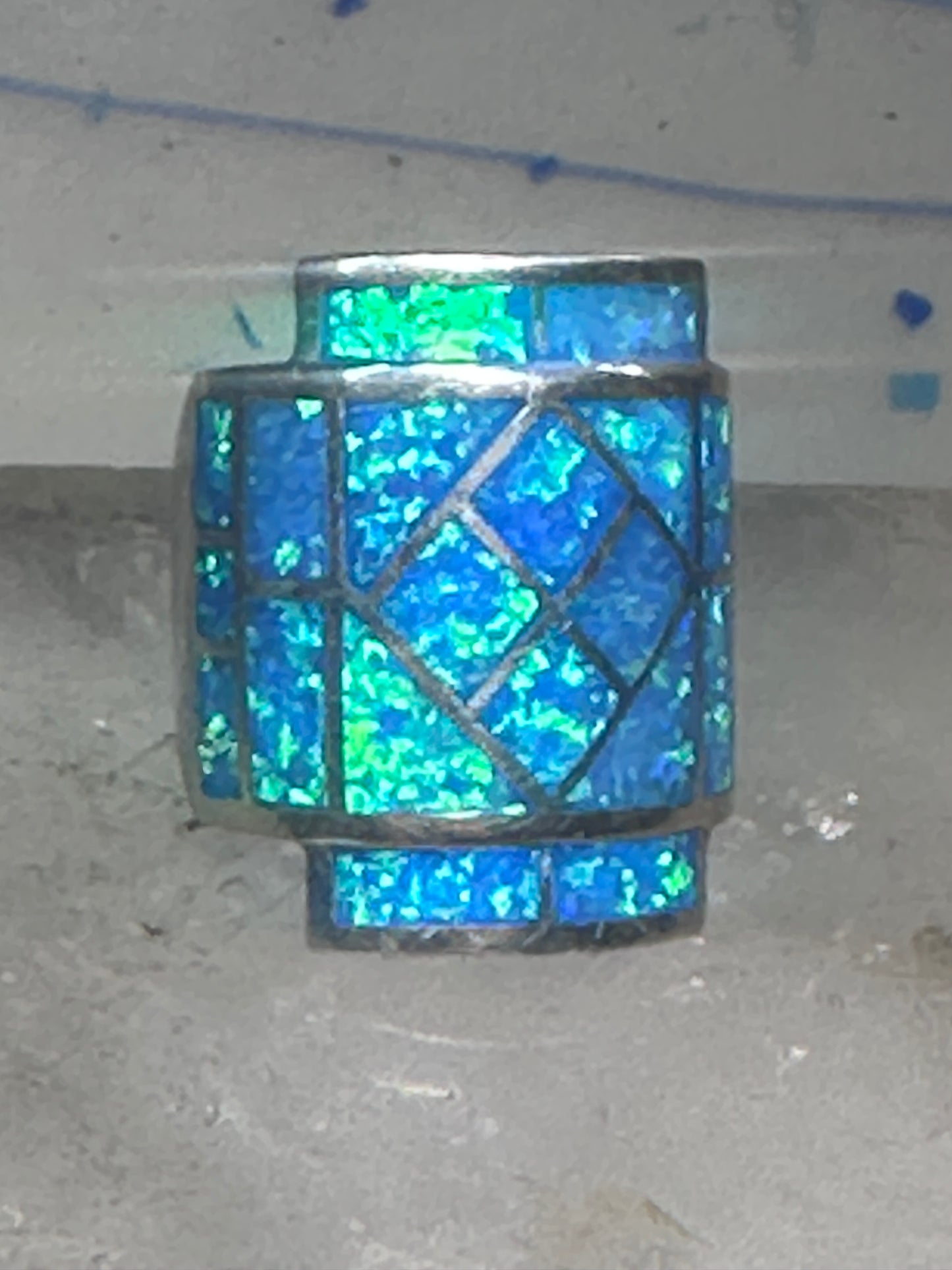 Lab opal ring cigar band size 7 geometric Sterling silver women