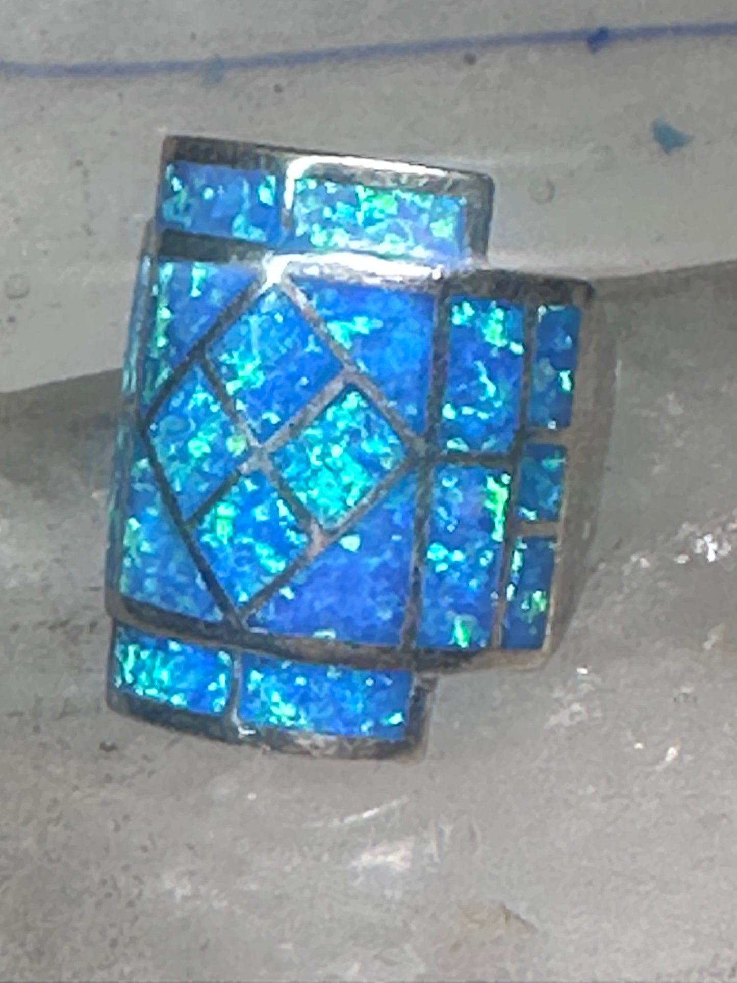 Lab opal ring cigar band size 7 geometric Sterling silver women