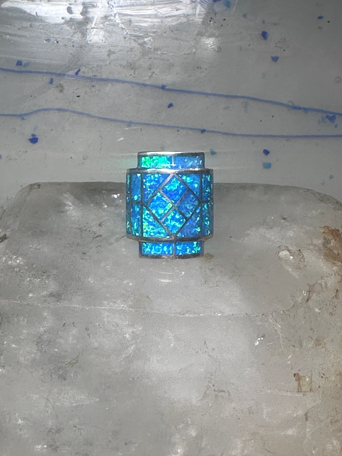Lab opal ring cigar band size 7 geometric Sterling silver women