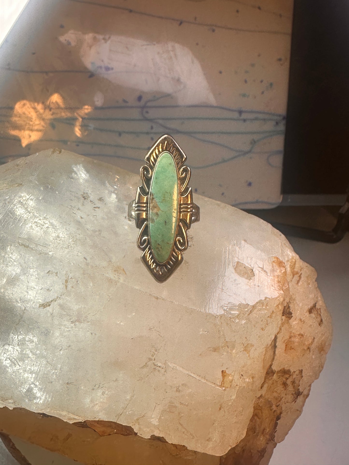 Navajo ring long turquoise size 8.25 sterling silver women