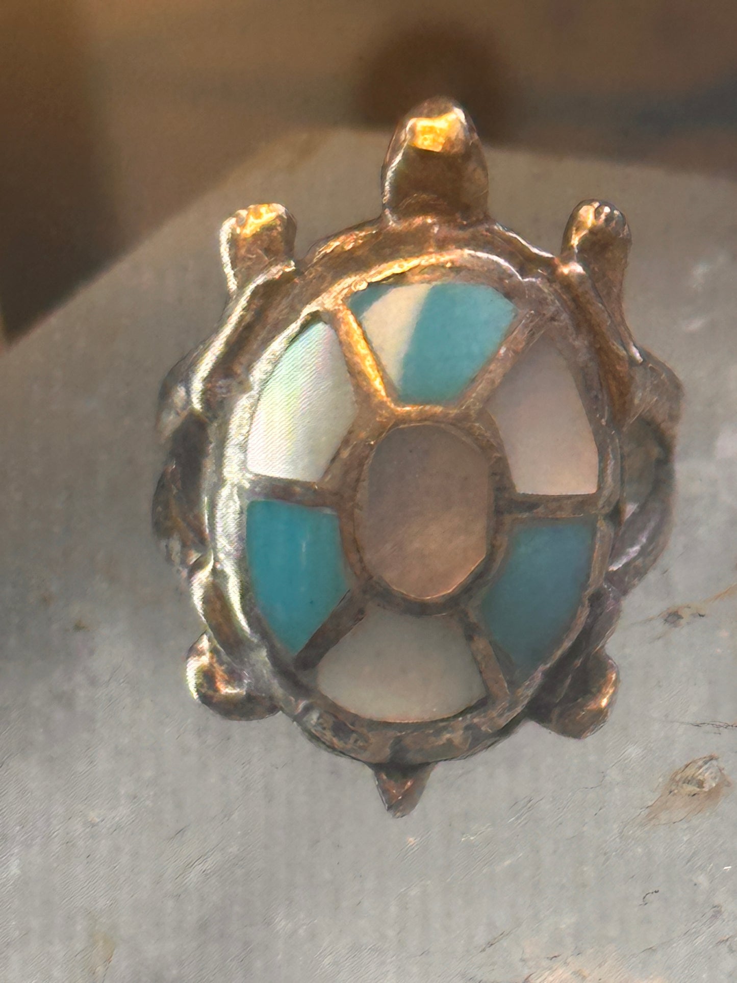 Zuni turtle ring turquoise mother of pearl size 6 sterling silver women girls