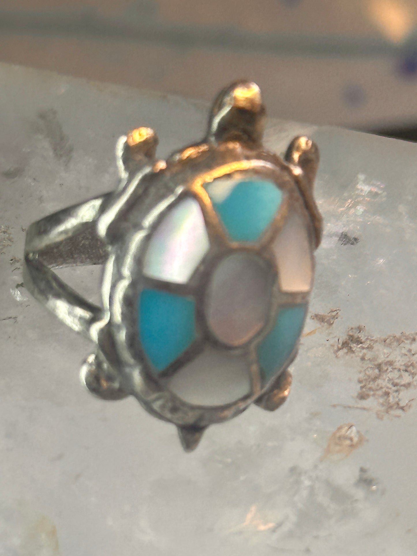 Zuni turtle ring turquoise mother of pearl size 6 sterling silver women girls