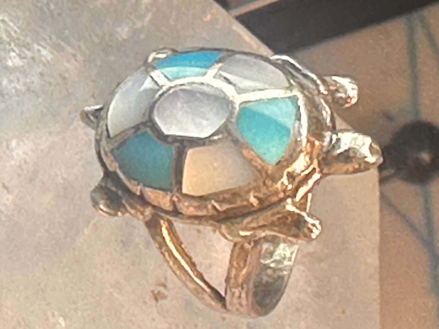 Zuni turtle ring turquoise mother of pearl size 6 sterling silver women girls
