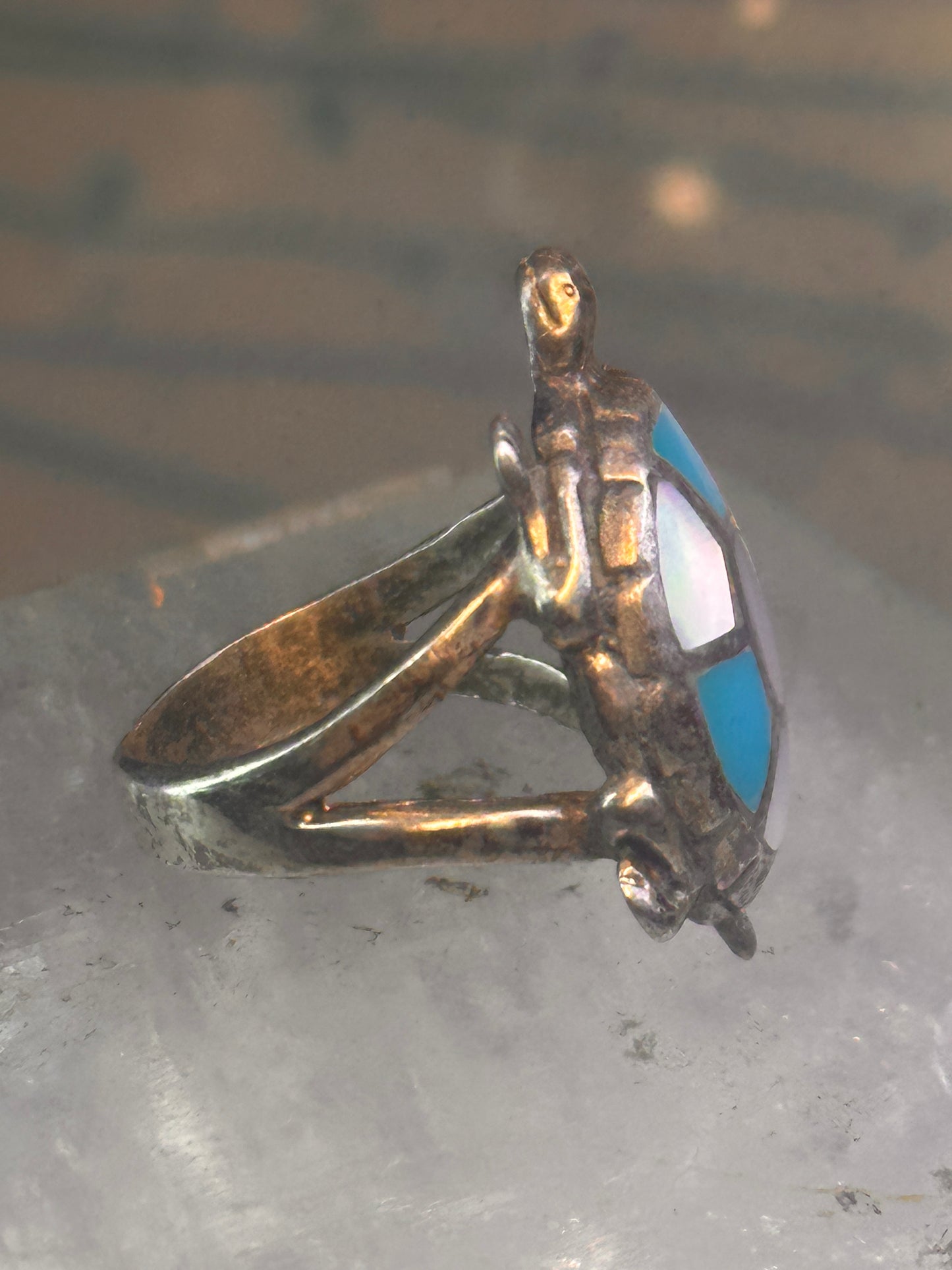 Zuni turtle ring turquoise mother of pearl size 6 sterling silver women girls
